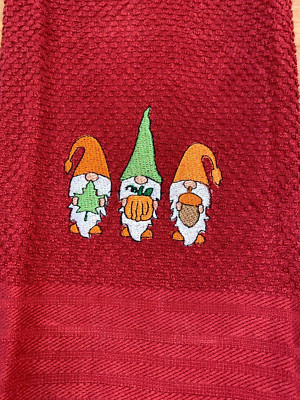 Embroidered Red Kitchen Hand Towel Three Fall Themed Gnomes BS2880-image