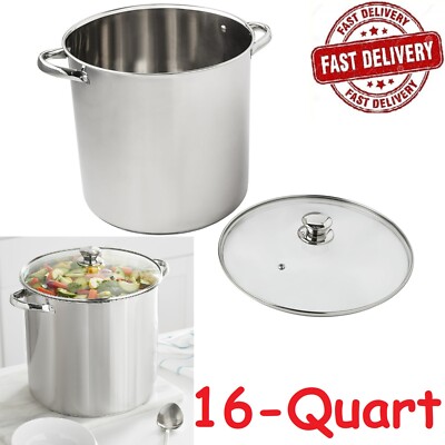 Mainstays 12/16/20 Qt Stock Pot Stainless Steel Large Soup Cookware w/ Glass Lid-image