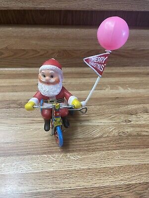 Vintage Tin Litho Wind Up Santa Claus Tricycle Christmas Balloon - Working-image