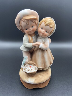 Vintage 1980 Enesco ceramic little boy and girl wind up musical figurine, birds-image