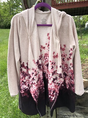 Cuddl Duds Jacket Womens L Purple Tan Hooded Longline Cardigan Plush Cozy EUC-image