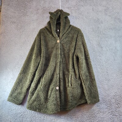 Women's Cozy Fleece Hoodie 2XL Olive Green Stretch Sweet Bear Ears Button Front-image