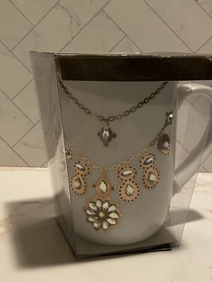 Pier 1 Jeweled White Gold Chain Design Ceramic Mug Cup Coffee Tea New In Box-image