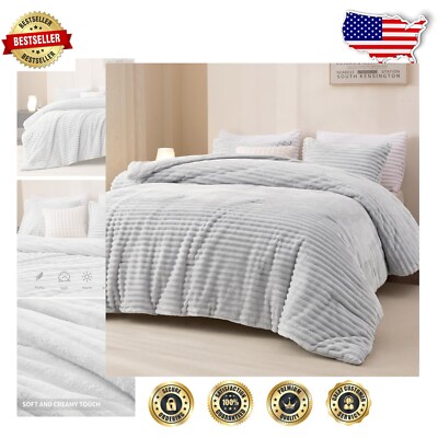 Cozy Fluffy Fleece Comforter Set with Striped Design – Perfect for Winter Nights-image