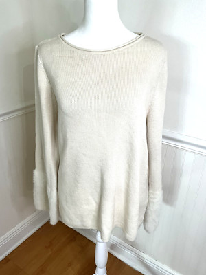J Jill Cream Long Sleeve Faux Fur Cuffs Cozy Knit Sweater Women Size XL-image