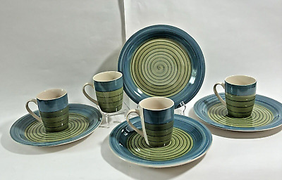 Pier 1 Stoneware Blue Green Swirl Handpainted Dinner Plates + Mugs Set of 4 Each-image