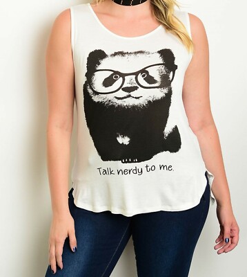 NWOT NEW COZY PLUS 3X IVORY PANDA TALK NERDY TO ME HI-LOW TUNIC TANK TOP       -image