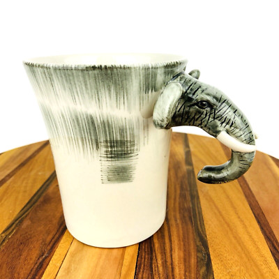 Pier 1 One Imports 3D Elephant Head Handle Coffee Mug Tea Cup 16 oz Gray White-image