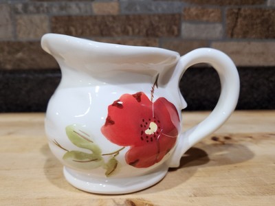 small, white ceramic pitcher, Wilco Imports, with hand-painted red Poppy Design-image