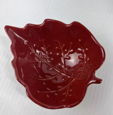 Pier 1 Imports Red Fall Leaf Footed Bowl Fall Decor  Stoneware Dishwasher Safe-image