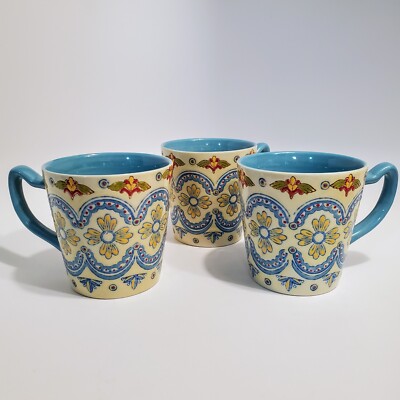 Dutch Wax Mugs (3) Hand Painted Blue Yellow Floral Medallions Coastline Imports-image