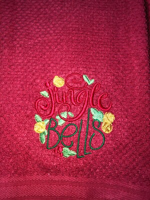 Embroidered Red Kitchen Hand Towel Christmas Theme Jingle Bells w Holly BS2626-image