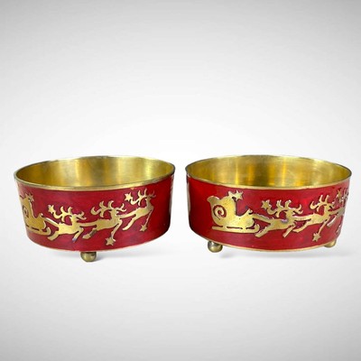 Two Pier 1 Imports Holiday Wine Bottle Stands Red Enamel with Brass Like Design-image