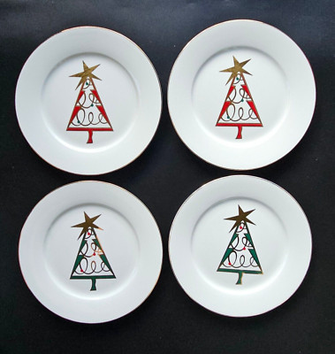 Pier 1 Christmas Tree Holiday 4 Plates Dessert Salad Green Red Gold Star-image