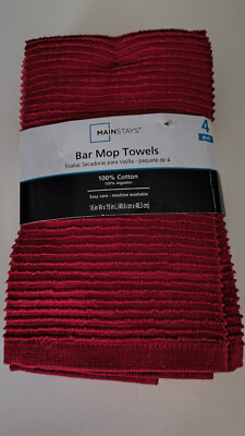 MAINSTAYS BAR MOP TOWELS 4-Pack 100% Cotton Ribbed Red Variety 16