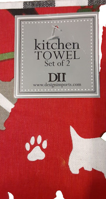 Design Imports Kitchen Towels Set of 2 Red with Dogs and Black/White Check NWT-image