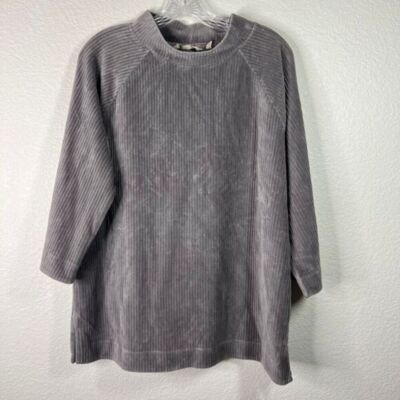 Soft Surroundings Women's Gray Ribbed Velour Sweater Cozy Loungewear Top Large-image