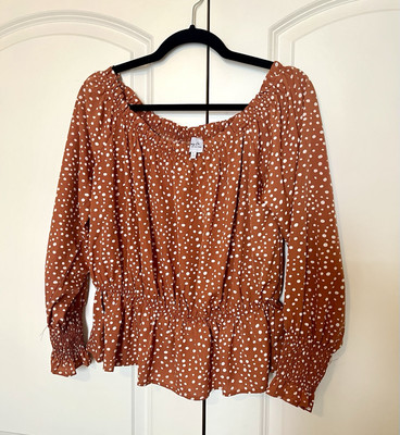 Cozy Co By Cozy Casual Off the Shoulder Top Size L Burnt Orange with White Dots-image