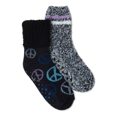 Joyspun Women's Luxury Lounge Socks W Grippers 2 Pair Peace Sign Shoe Size 4-10-image