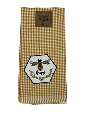 Design Imports Honey Bee Bees Happy Yellow Gingham Embellished Dish Tea Towel-image