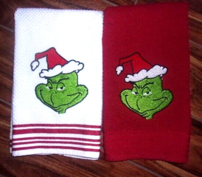 GRINCH WITH SANTA HAT EMBROIDERY RED AND WHITE HAND TOWELS  SET OF 2-image