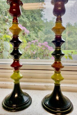 Vintage 1990s Pier 1 Imports Metal Footed Taper Candlestick Holders - Pair Of 2-image