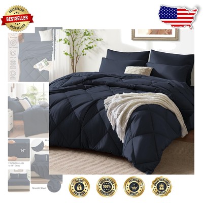 Cozy King Comforter Set - 7-Piece All Season Bedding, Machine Washable Navy Blue-image