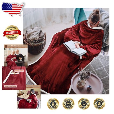 Oversized Sherpa Throw Blanket with Sleeves - Perfect for Napping & Lounging-image