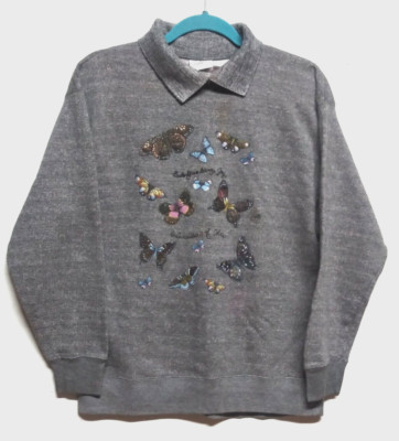 VTG Sweatshirt pullover sweater Sz M/L gray butterflies butterfly graphic THICK-image