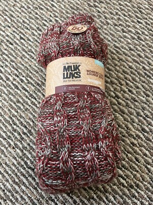 MUK LUKS Womens CozyLounge Socks BurgundyGray Cable Knit L/XL NWT Slip Resistant-image