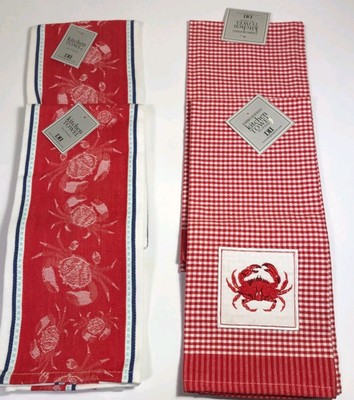 Embroidered CRAB Kitchen Towels Cotton Design Imports Set Of 4    NEW WITH TAGS -image
