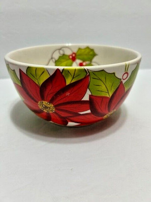 Pier One earthenware bowl poinsettia design 5-3/4 