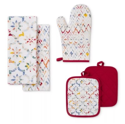 Mainstays Ogee Tile Kitchen Towel Pot Holder Oven Mitt Red 5 Pieces BRAND NEW-image