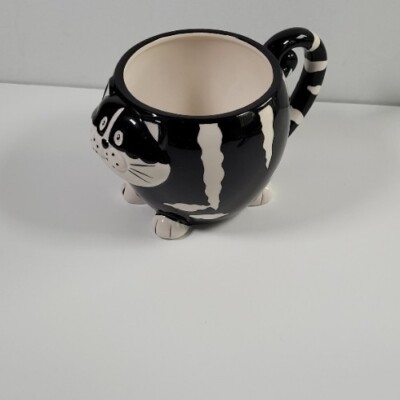 Pier 1 Imports Hand Painted Chubby Cat Black And White Tea/Coffee Mug 12oz-image