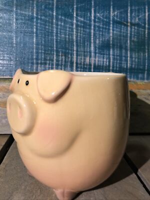 Pier 1 Imports Hand Painted Dolomite Fat Pig & Tail Handle Mug Coffee Cup Cute!!-image