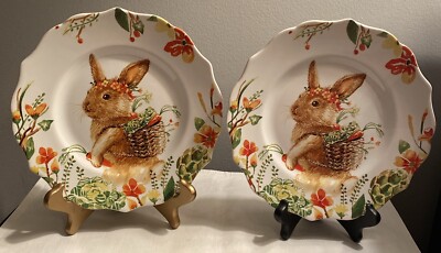 (2) Pier 1 Imports Lilly Easter Bunny Rabbit Decorative Luncheon Plates 8.5”-image