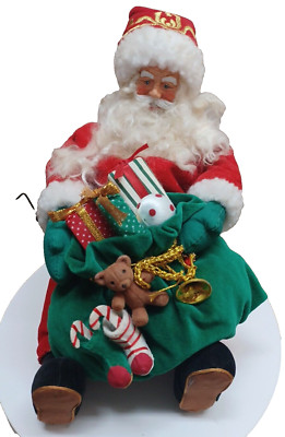 Vintage Christmas Past & Present Wind Up Animated Santa Claus Green Bag Of Toys-image