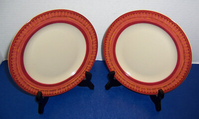 Pier 1 Lugano 2 Salad Plates (8”) Orange Rim w/ Geometric Design Stoneware-image