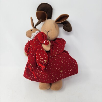 Plush Music Box Mother Deer with Baby Flocked Red Dress Wind Up Jingle Bells Vtg-image