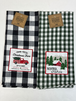 Design Imports DII Christmas Vintage Truck Barn Plaid Holiday Dishtowel Set of 2-image