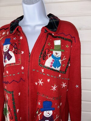 Planet & Company Sz MEDIUM Red Snowman Full Zip Sweater Plaid Collar EUC-image
