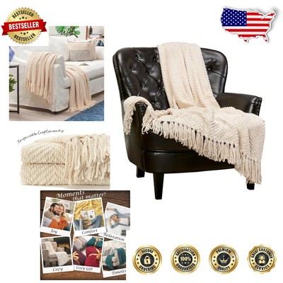 Chic  Knit Throw Blanket with Tassels - Soft & Cozy 50x65 In White Smoke-image