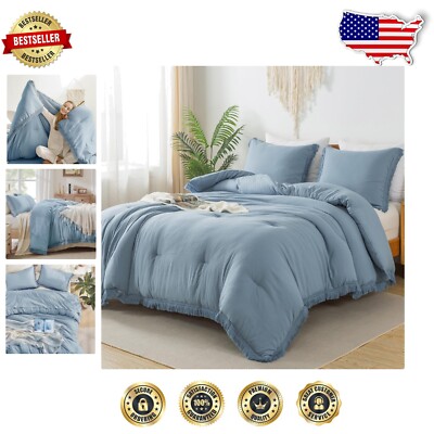 Elegant Grayish Blue 3-Piece Comforter Set - Boho Tassel Design for Cozy Living-image