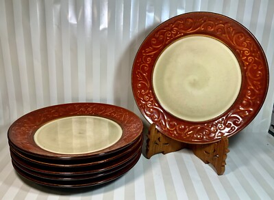 Set Of 5 Stoneware Coupe Dinner Plate Red Scroll By Pier 1 Tan Center Red Edge-image