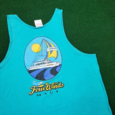 Vintage Hanes Shirt Mens L Blue Tank Top Four Winds Maui Hawaii 90s Snorkeling-image