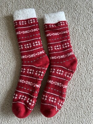 Cuddl Duds Red White Sherpa Fur Cozy Lined Gripper Socks O/S New Lounge Soft-image