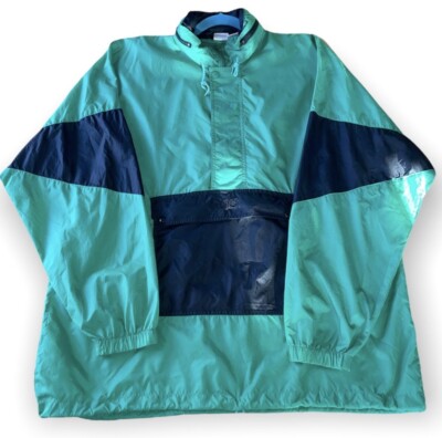 Vintage ASICS Windbreaker Mens L/XL Blue Green 1/2 Zip Packable Hood 80s-image