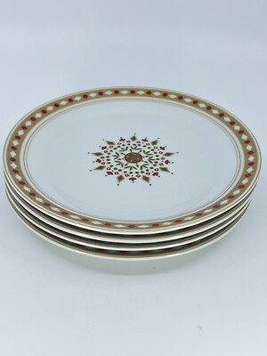 Pier 1 Import 4 Holiday Salad Dessert Plates White Gold Red Green Snowflake 7.5”-image
