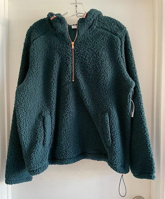 NWT Old Navy Woman Large Green Cozy Fuzzy Sherpa Hooded Sweatshirt Pullover-image