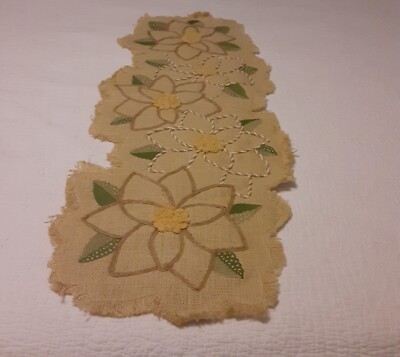 Pier 1 Natural Embroidered Fringed Edge Table Runner Needle Work Embroidery-image